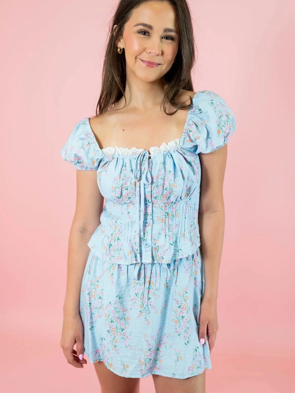 Women's Blue Floral Puff Sleeve Skirt Set